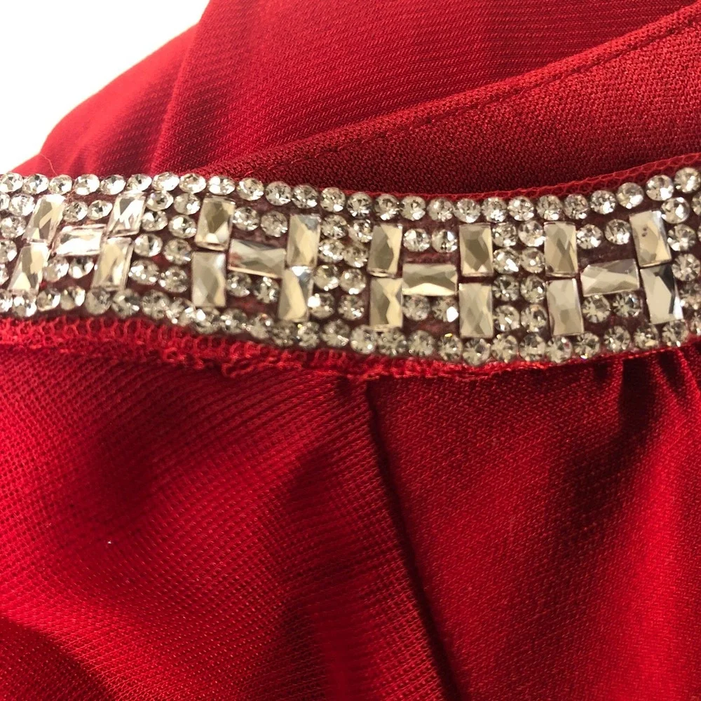 R&M Richards Women 2X Red Rhinestone Capelet‎ Chiffon Sheer Top Blouse Holiday - Picture 5 of 6